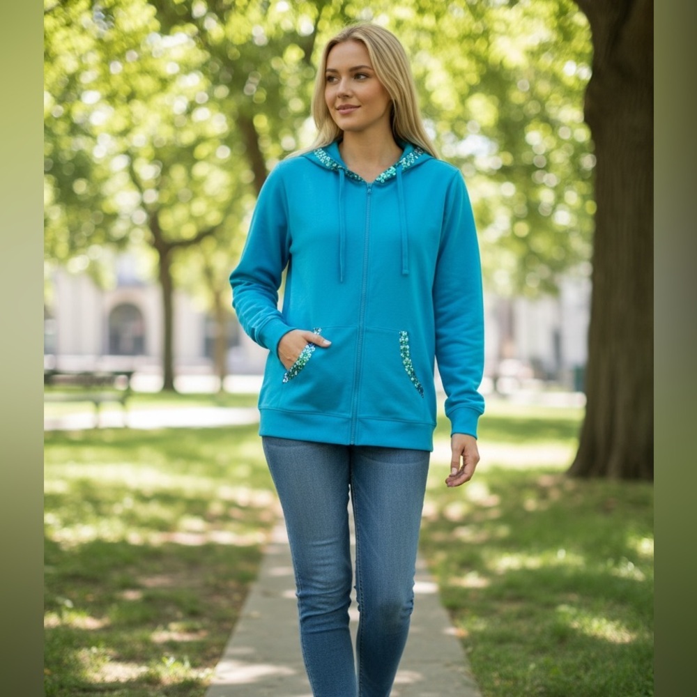 Quacker Factory Blue Sequin Embellished Zip Hoodie Jacket Women’s XL (Estimated)